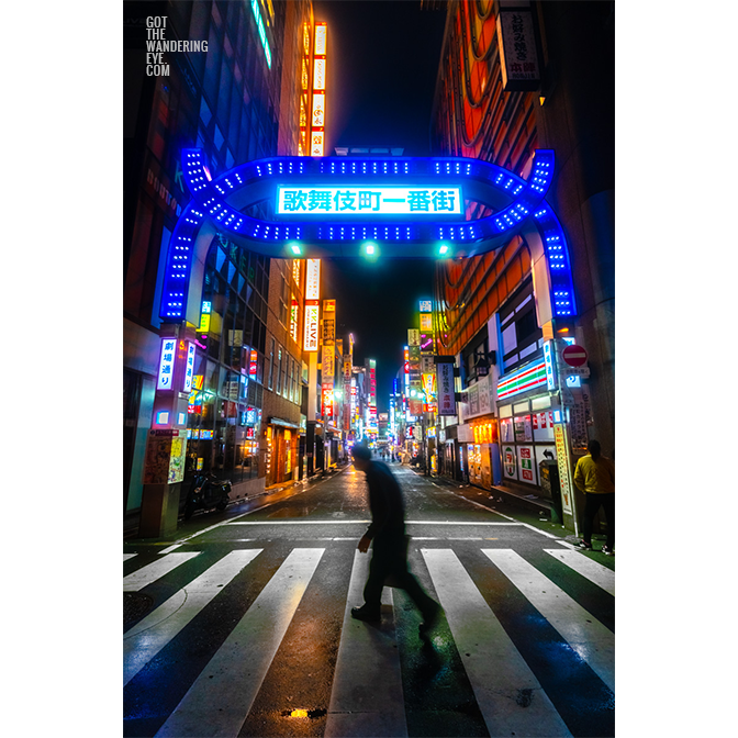 Kabukicho Gate Shinjuku Tokyo. Famous neon red sign covered in blue.