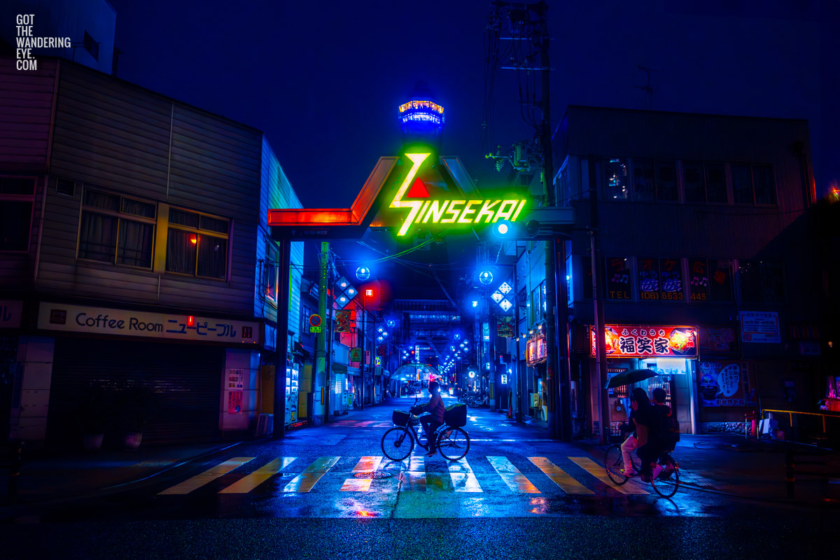 Osaka Shinsekai Cyberpunk City. Neon glowing street lights in the retro district in Osaka Japan.
