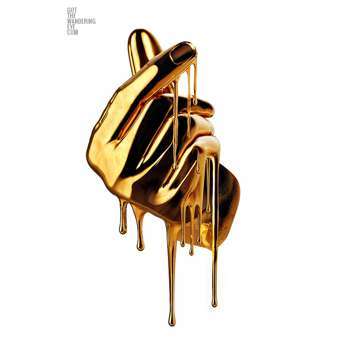 Golden Hand Emoji Love dripping in metallic gold paint. From the designer collection by Allan Chan.