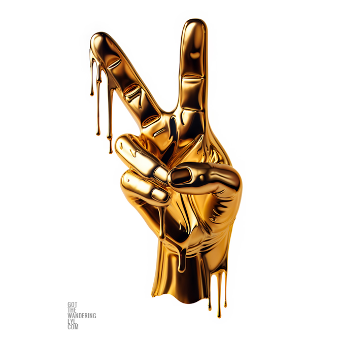 Golden Hand Emoji Peace dripping in metallic gold paint. From the designer collection by Allan Chan.