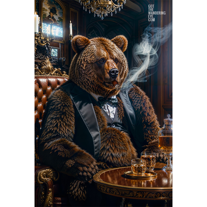 Animal Portraits in Clothes Bear in smoking room. Designer art by Gotthewanderingeye.