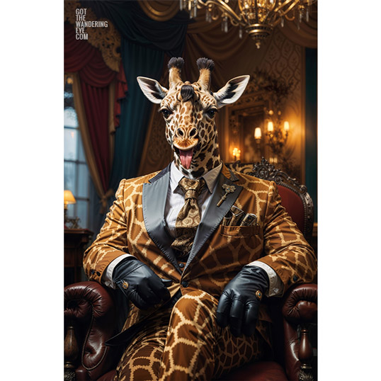 Animal Portraits in Clothes Giraffe in smoking room. Designer art by Gotthewanderingeye.