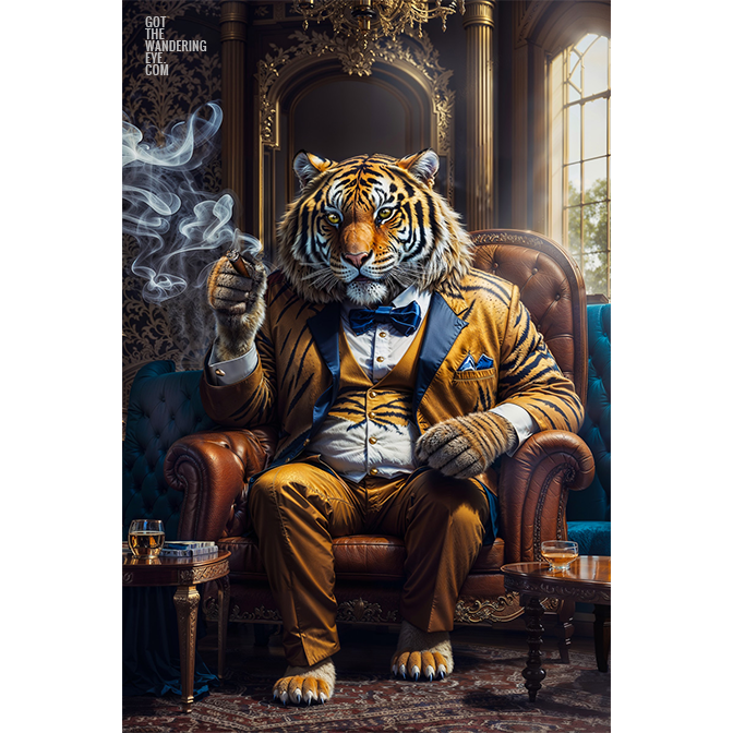 Animal Portraits in Clothes Tiger in smoking room. Designer art by Gotthewanderingeye.