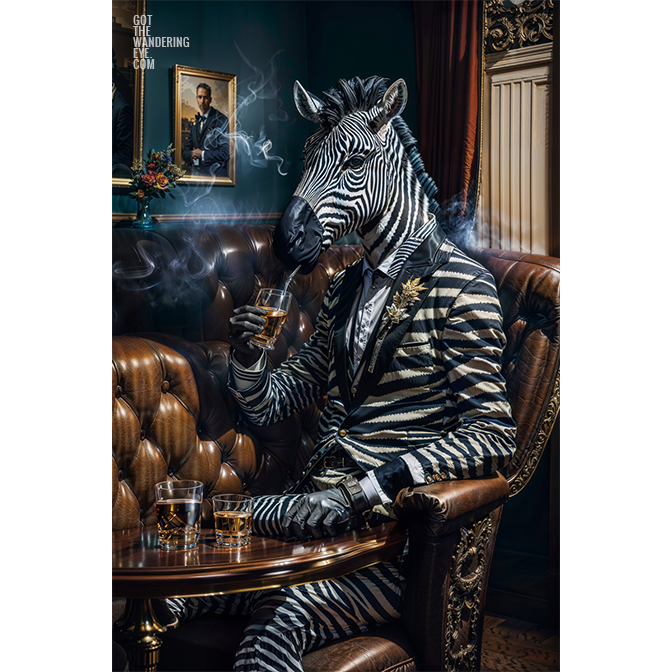 Animal Portraits in Clothes Zebra in smoking room. Designer art by Gotthewanderingeye.