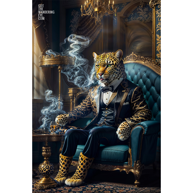 Animal Portraits in Clothes Leopard in smoking room. Designer art by Gotthewanderingeye.